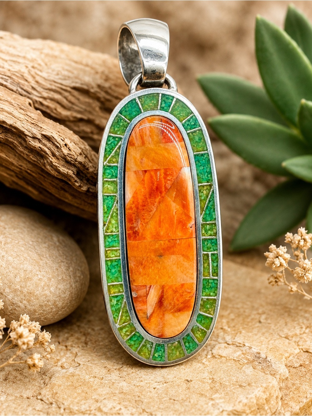 Carolyn Pollack Relios Sterling Silver Spiny Oyster Green Turquoise Inlay Pendan